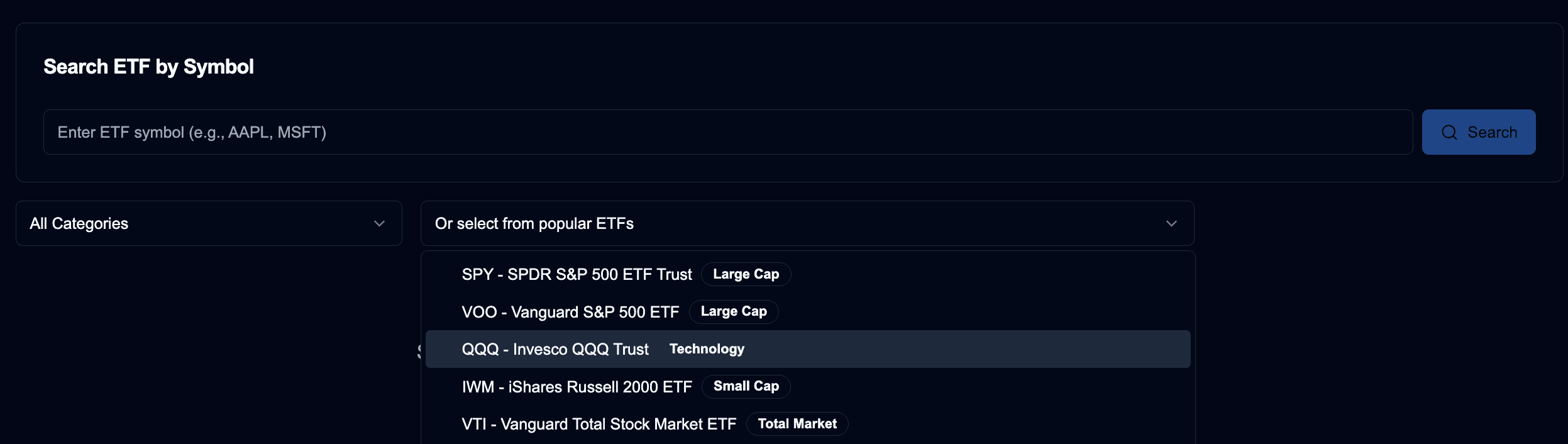 Fund search interface
