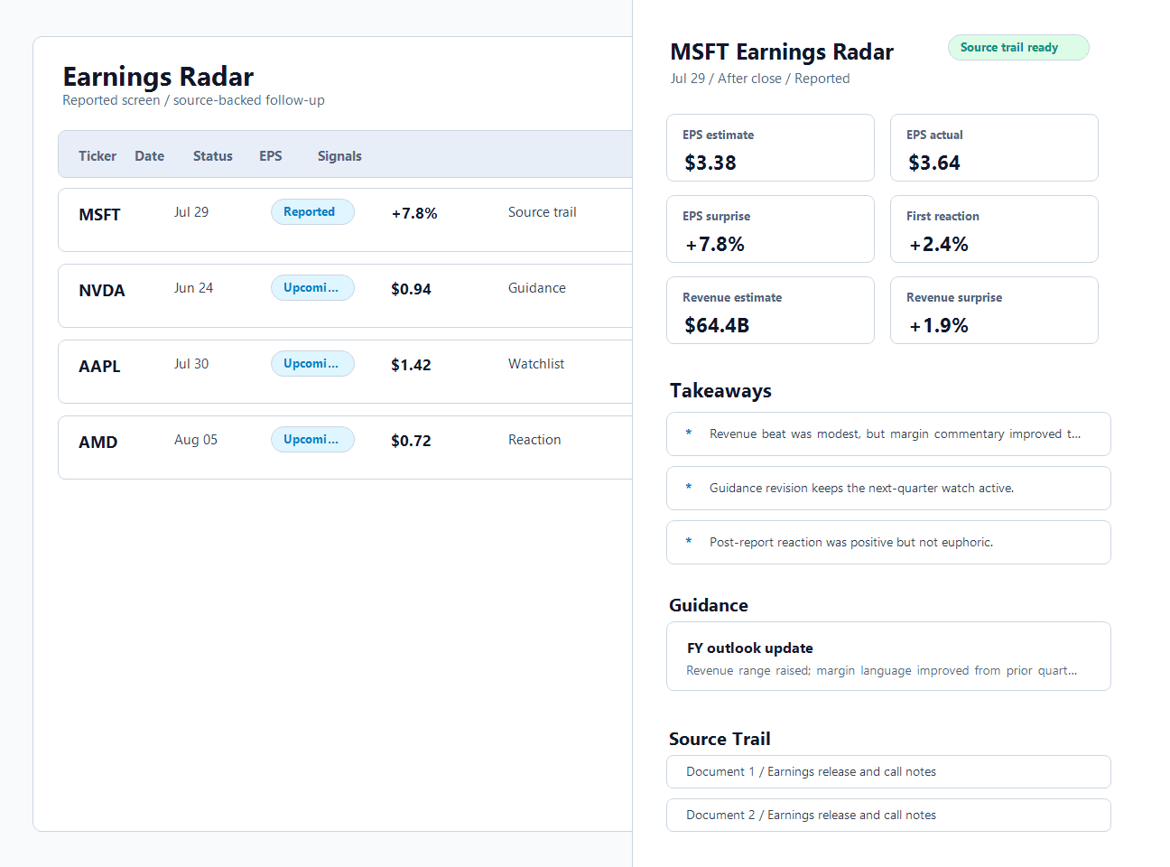Earnings Radar event detail panel showing surprise metrics, takeaways, guidance, and source trail