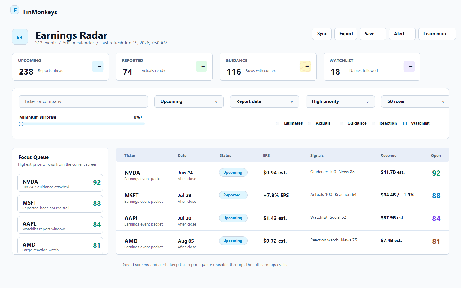 Earnings Radar product workbench screenshot