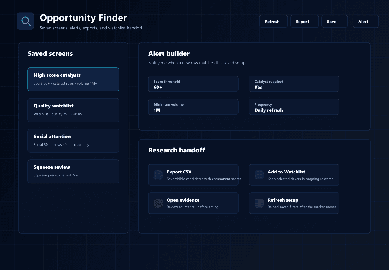 Opportunity Finder saved screen and alert workflow showing saved criteria and matching tickers