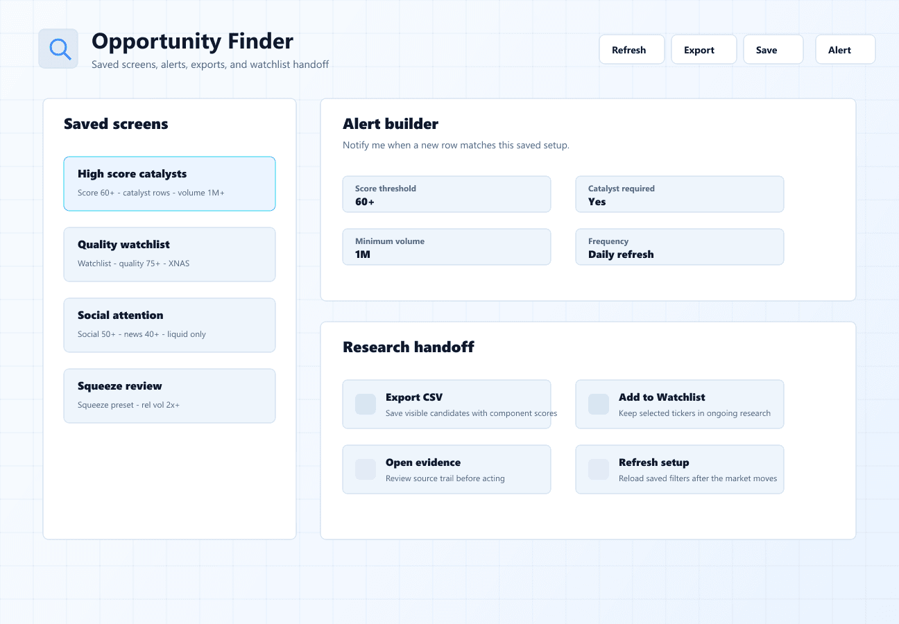 Opportunity Finder saved screen and alert workflow showing saved criteria and matching tickers