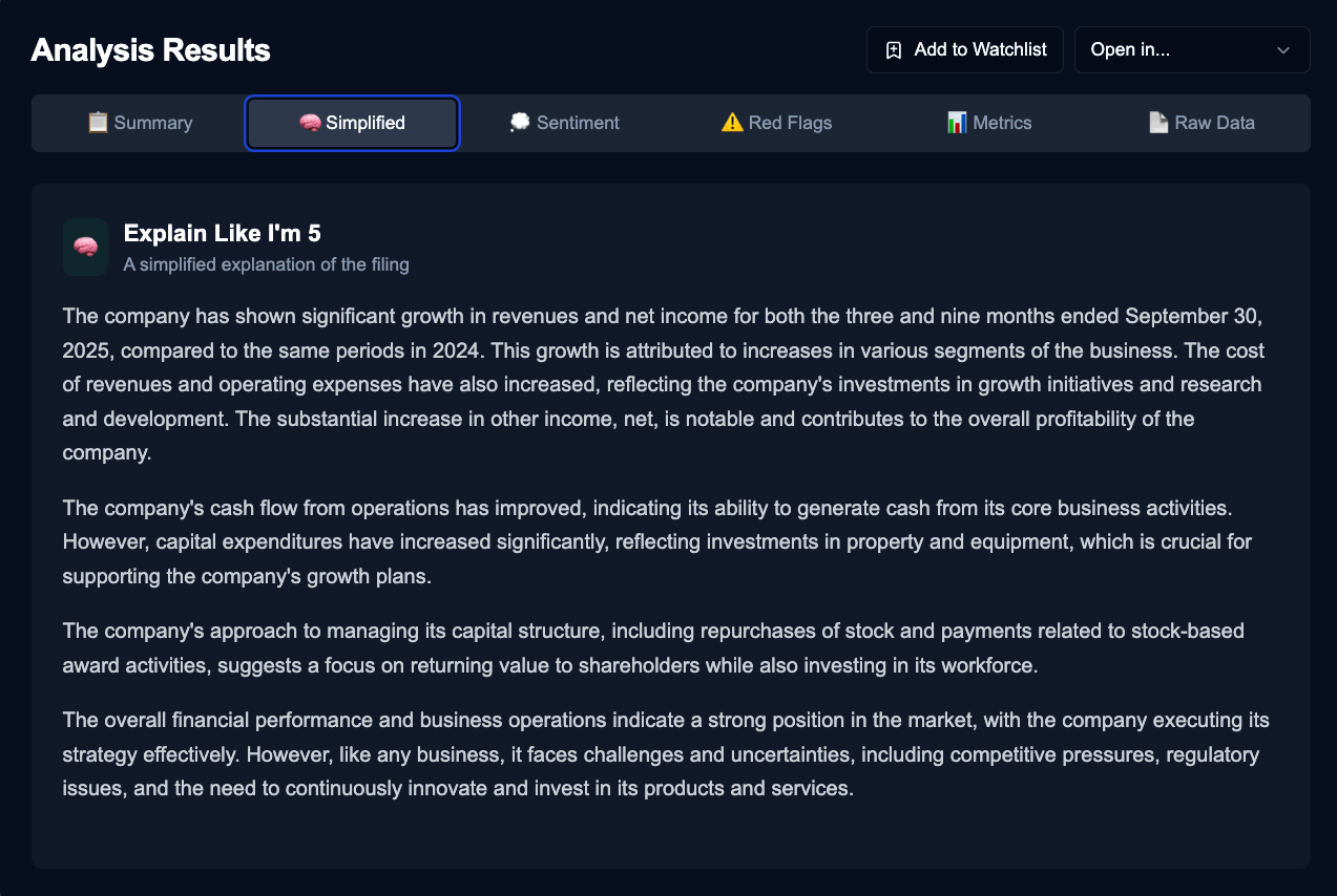 Instant Filing Summaries